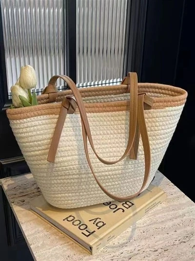 Túi rơm thủ công màu trắng và nâu bằng sợi cotton